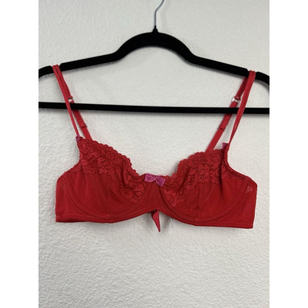 Adore Me 34B Bra Red Lace Underwire Pink Bows Back Closure Sexy